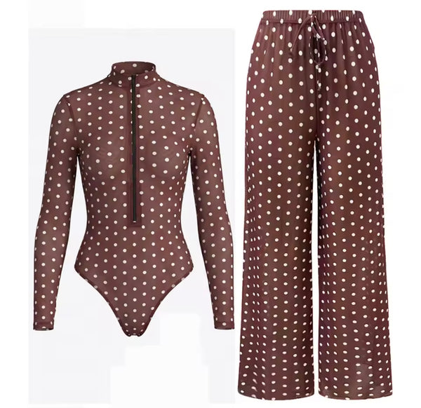Women Brown Zip Up Full Sleeve Polka Dot Swimsuit Cover Up Set