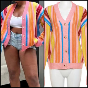 Women Fashion Colorful Striped Button Up Cardigan Top