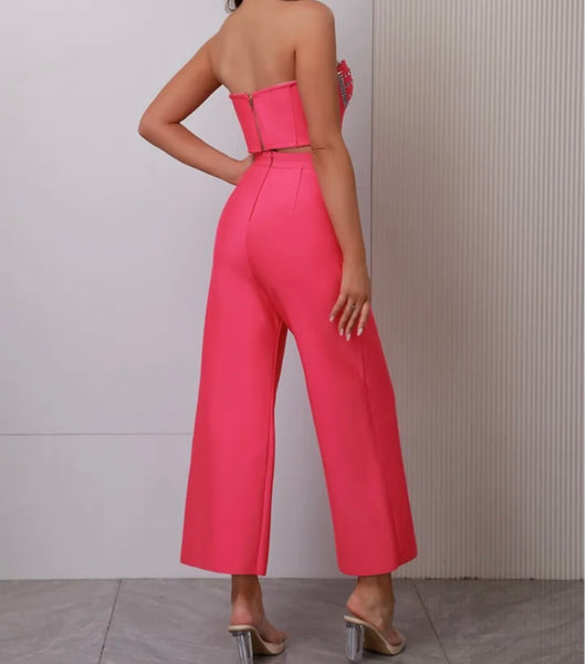 Women Sexy Pink Bling Strapless Two Piece Cut Out Pant Set