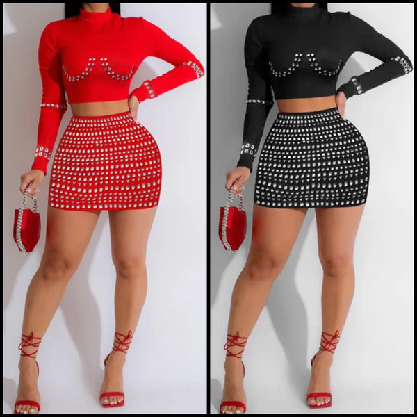 Women Sexy Bling Rhinestone Full Sleeve Two Piece Skirt Set