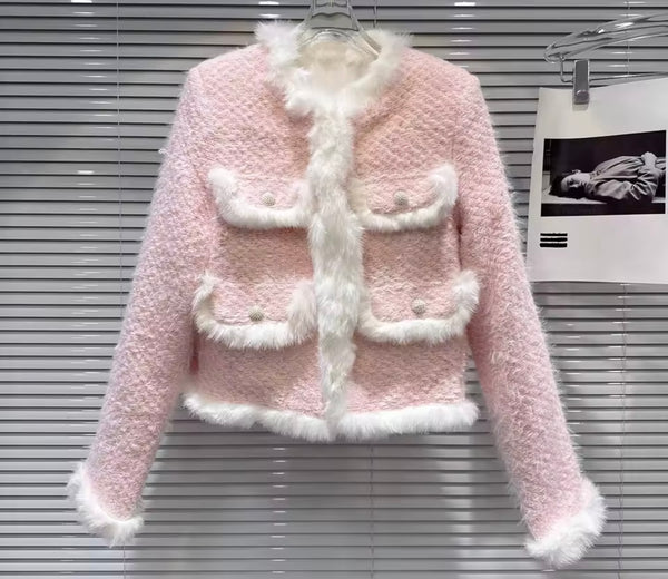 Women Pink Fur Patchwork Tweed Fashion Jacket