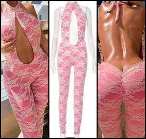 Women Sexy Halter Sleeveless Pink Lace Cut Out Jumpsuit