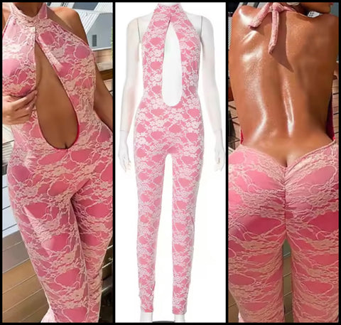 Women Sexy Halter Sleeveless Pink Lace Cut Out Jumpsuit