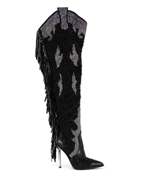 Women Fashion Bling Tassel Knee High Western High Heel Boots