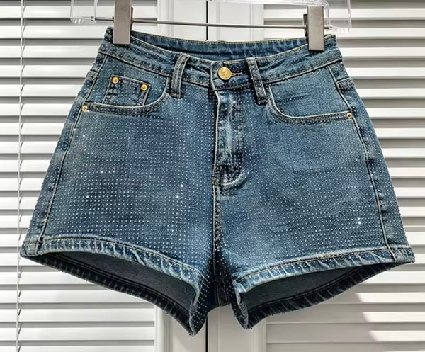 Women Fashion Rhinestone Denim Shorts