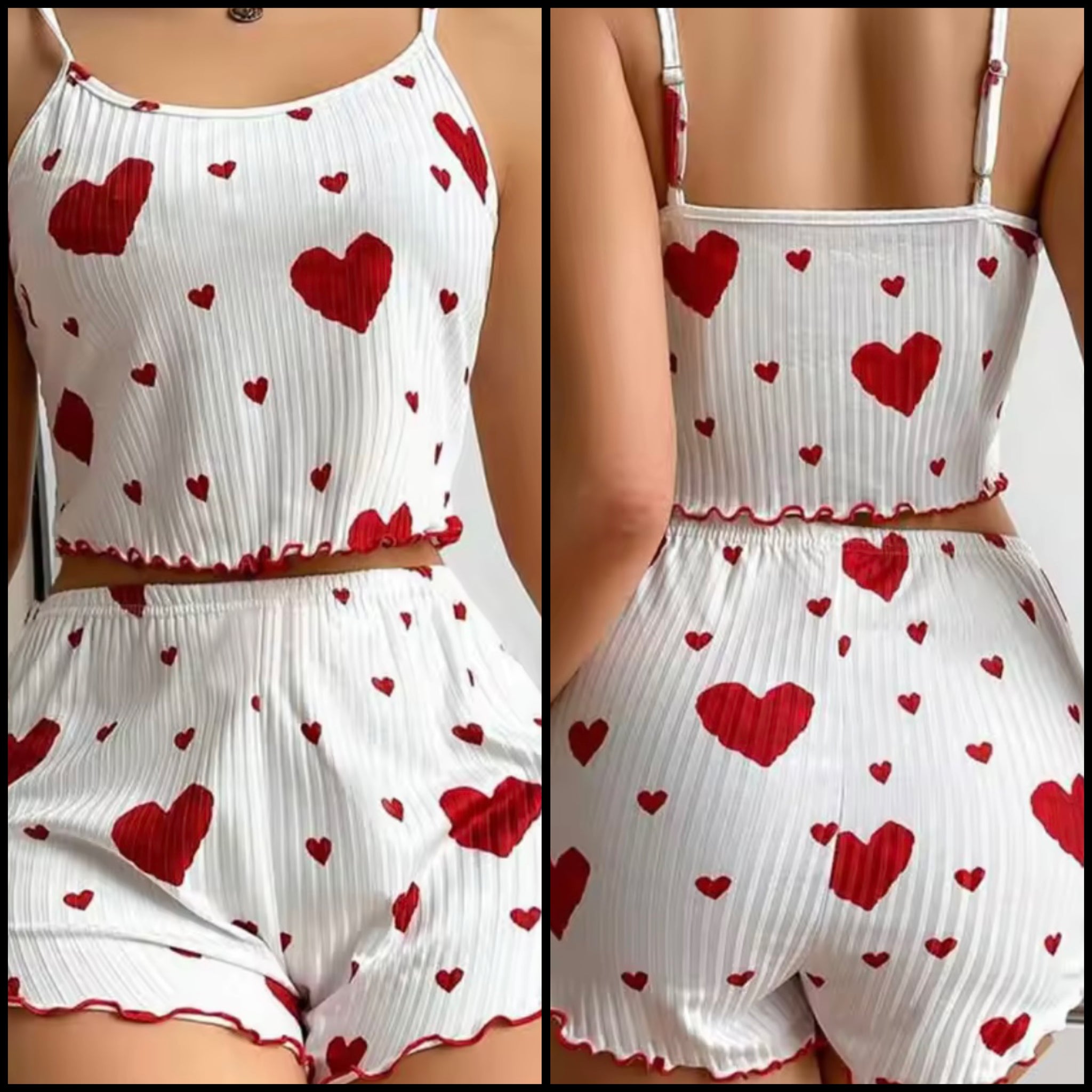 Women Sleeveless White Heart Print Lingerie Short Set