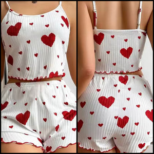 Women Sleeveless White Heart Print Lingerie Short Set