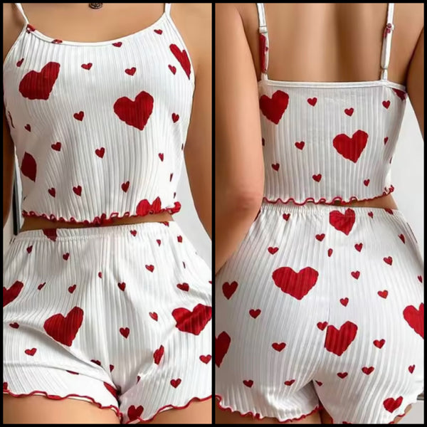 Women Sleeveless White Heart Print Lingerie Short Set