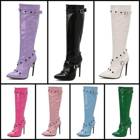 Women Color Buckled Fashion High Heel Knee High Boots