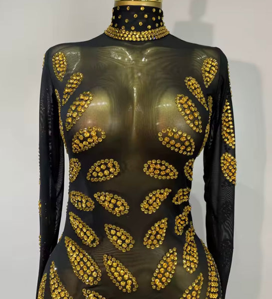 Women Sexy Black Bling Mesh Full Sleeve Maxi Dress