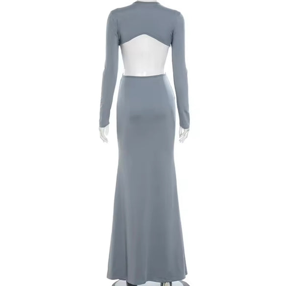Women Sexy Gray Cut Out Full Sleeve Open Back Maxi Dress