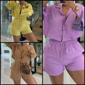 Women Button Up Full Sleeve Fashion Two Piece Short Set