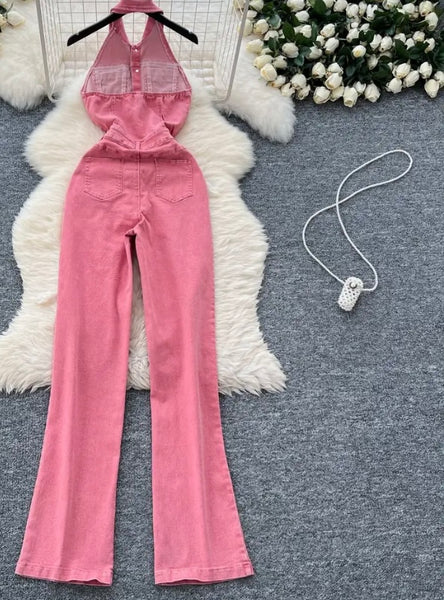 Women Sexy Fashion Pink Halter Sleeveless Denim Jumpsuit