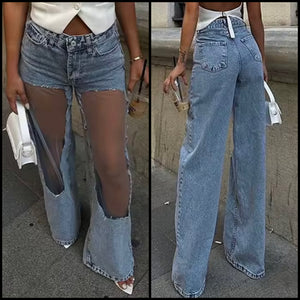 Women Fashion Mesh Patchwork Blue Denim Pants