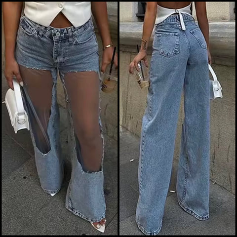 Women Fashion Mesh Patchwork Blue Denim Pants