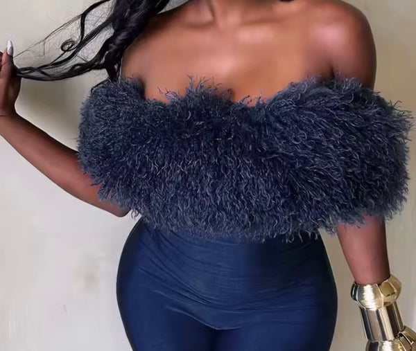 Women Fashion Fur Strapless Jumpsuit