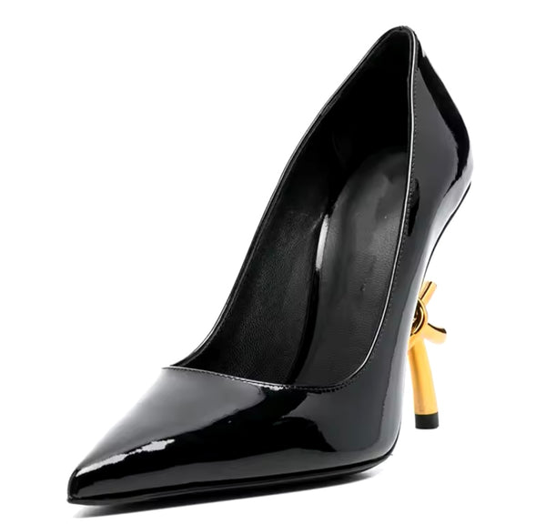 Women Pointed Toe Suede/Patent Leather Gold Heel Pumps