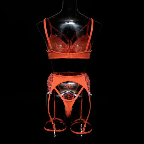 Women Sexy Orange Lace Lingerie Set