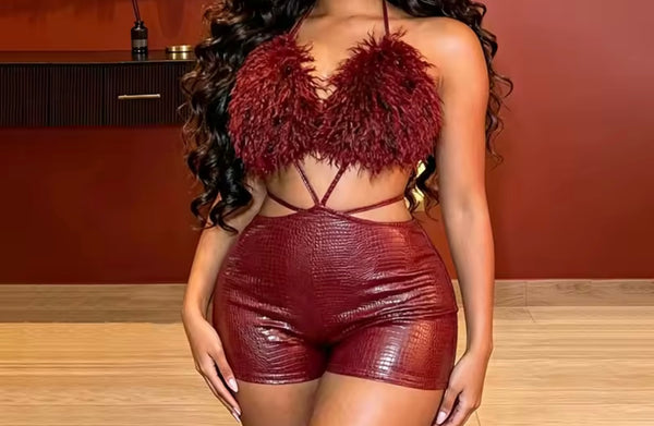 Women Sexy Feather Halter Open Back Sleeveless PU Romper