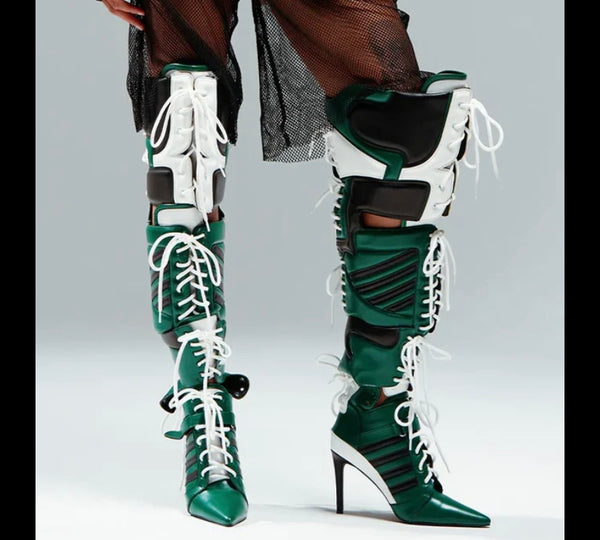 Women Fashion Color Patchwork Lace Up Over The Knee Boots