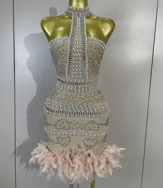Women Sexy Halter Sleeveless Pearl Rhinestone Feather Dress