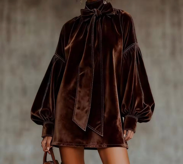 Women Brown Bow Full Sleeve Velvet Fashion Dress