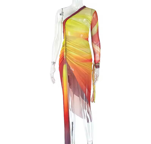 Women Sexy One Shoulder Gradient Side Split Dress