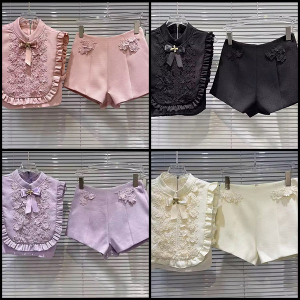 Women Bow Ruffled Lace Sleeveless Two Piece Short Set