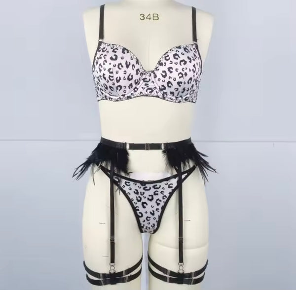 Women Sexy B&W Animal Print Feather Lingerie Set