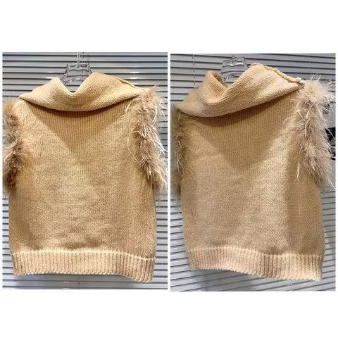 Women Fashion Feather Sleeveless Turtleneck Top