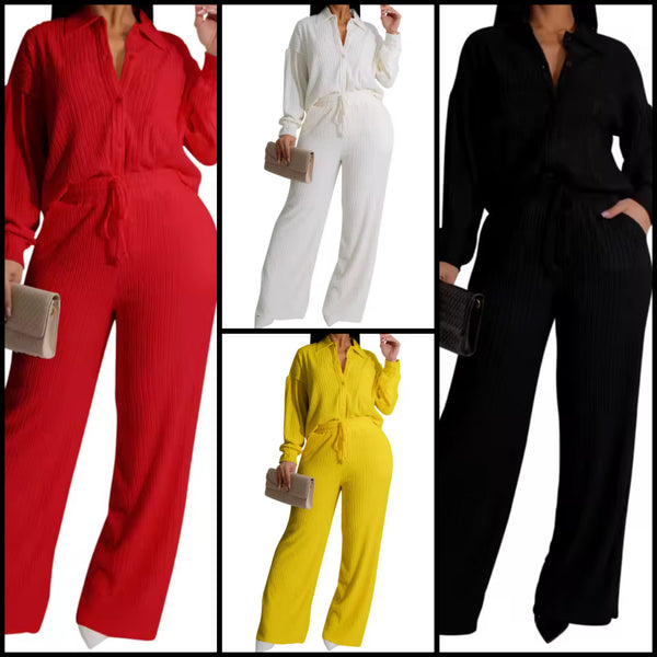 Women Button Up Full Sleeve Ribbed Two Piece Pant Set