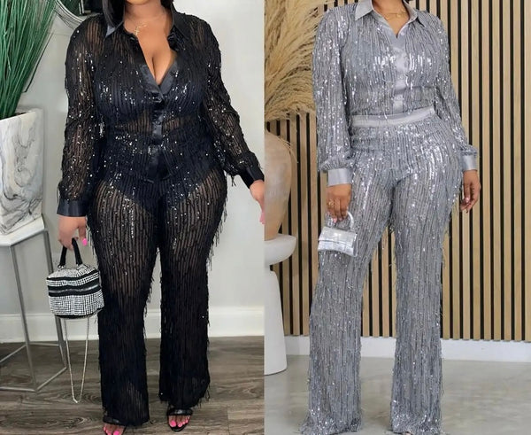 Women Sexy Fashion Button Up Sequins Mesh Two Piece Pant Set
