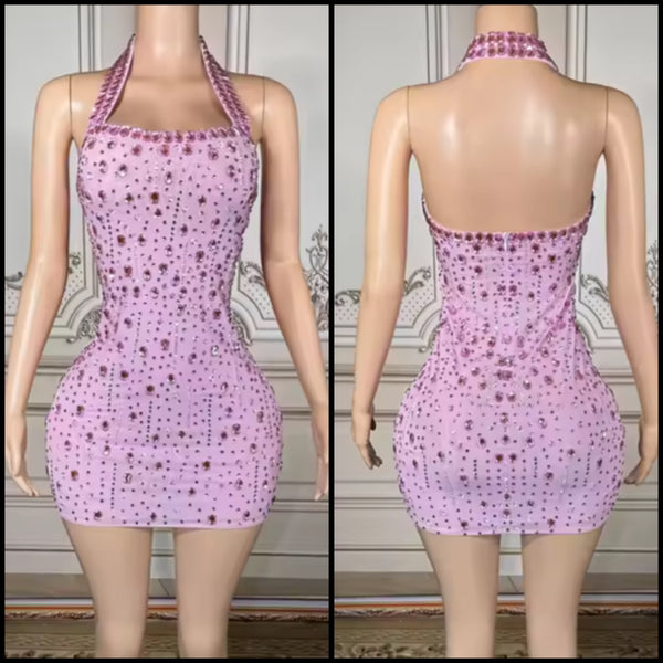 Women Sexy Halter Sleeveless Pink Crystal Rhinestone Dress