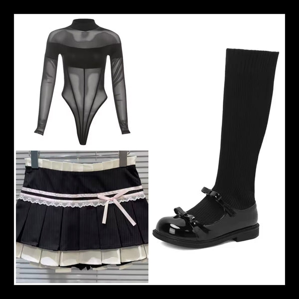 Women Sexy Fashion B&W Lace Bow Striped Pleated Skirt