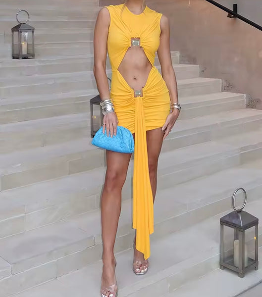 Women Sexy Yellow Sleeveless Cut Out Ruched Tassel Dress