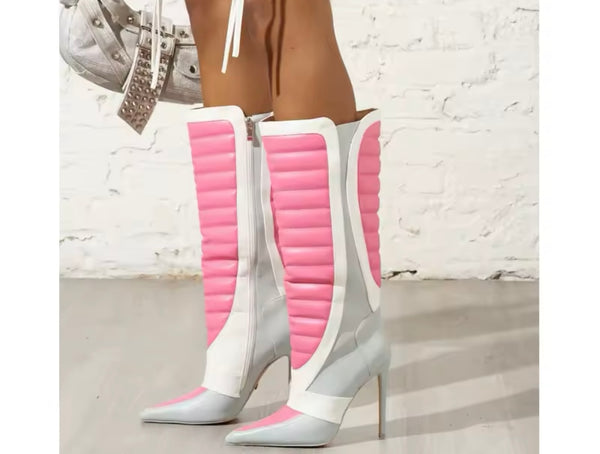 Women Color Patchwork Pointed Toe Faux Leather Ankle Boots