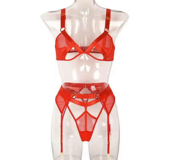 Women Sexy Color Mesh Cut Out Lingerie Set