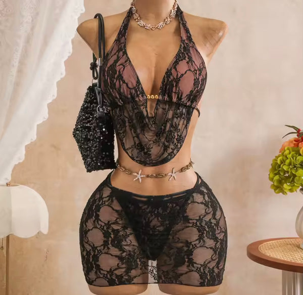 Women Sexy Tie Up Halter Lace Bikini Cover Up Set