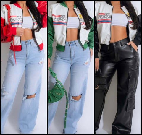 Women Fashion Printed Color Patchwork PU Varsity Jacket