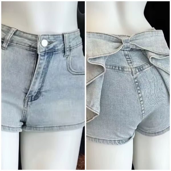Women Fashion Back Bow Denim Shorts