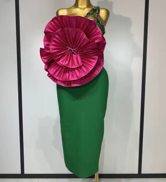 Women Green One Shoulder Crystal Sleeveless Pink Floral Dress