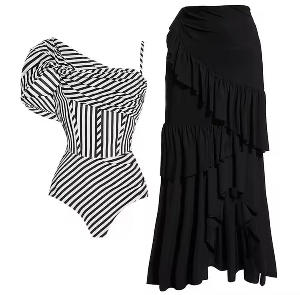 Women Sexy B&W Striped Swimsuit Cover Up Set