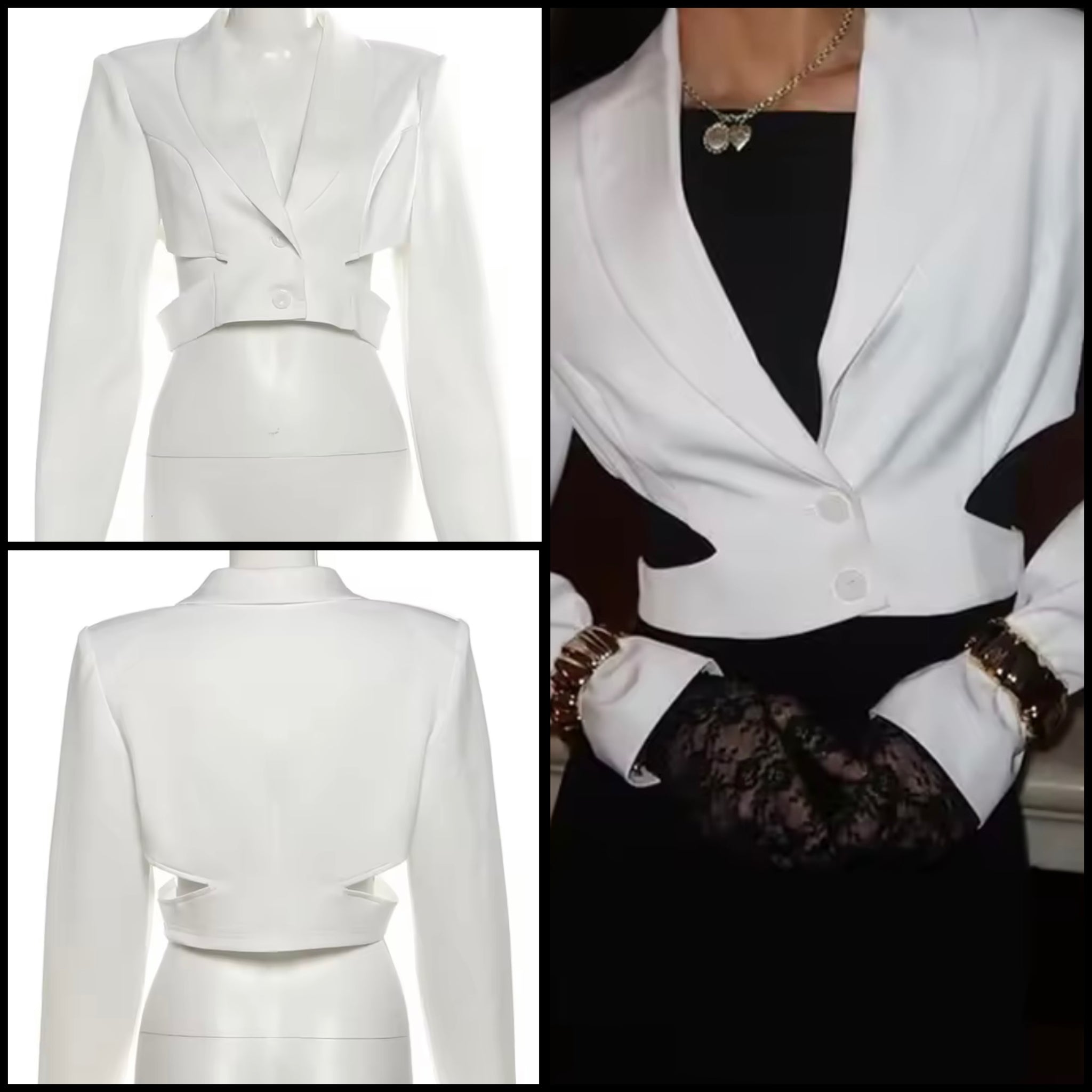 Women White Button Up Full Sleeve Cut Out Crop Blazer Top