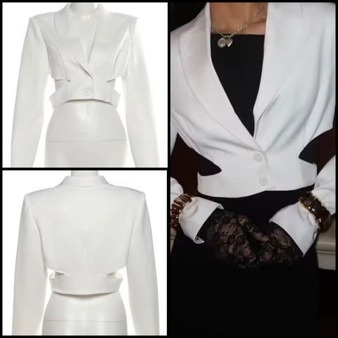 Women White Button Up Full Sleeve Cut Out Crop Blazer Top