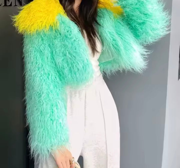 Women Color Patchwork Fashion Faux Fur Short Jacket