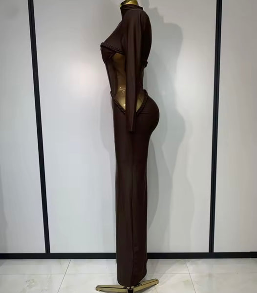 Women Brown Turtleneck Full Sleeve Rope Mesh Patchwork Maxi Dress