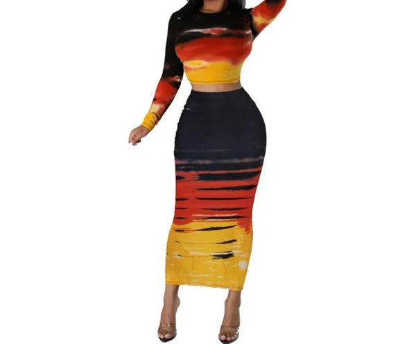 Women Sexy Color Patchwork Full Sleeve Crop Two Piece Maxi Skirt Set