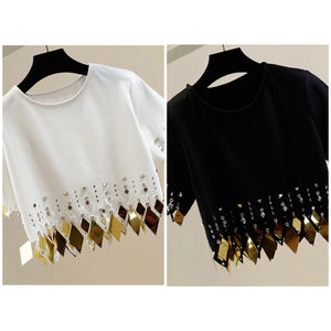 Women Fashion Short Sleeve Rivet Bling Tassel Crop Top