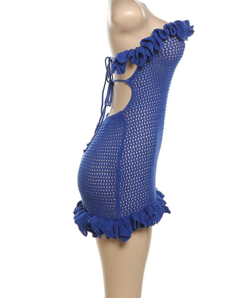 Women Blue Sexy Strapless Ruffled Open Back Knitted Dress