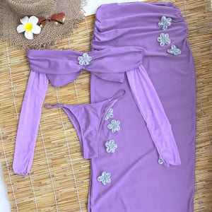 Women Sexy Off The Shoulder Full Sleeve Floral Purple Bikini Cover Up Set